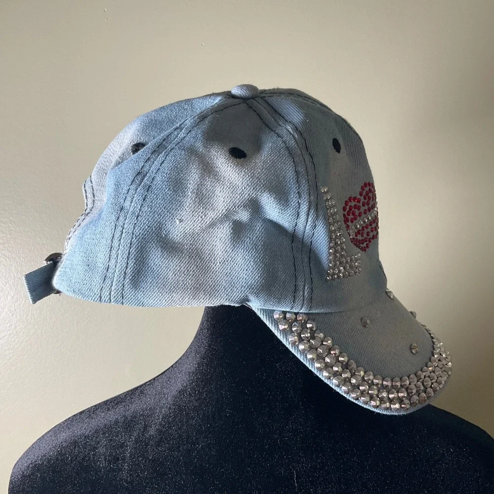Y2K Bling Rhinestone LOVE Lips Denim Baseball Cap LightWash Studded Jean Dad Hat